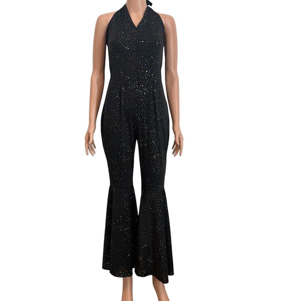 small rainbow glitter disco halter bell bottom costume jumpsuit P3 3521